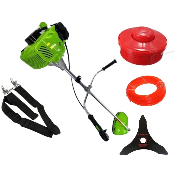 Motocoasa de tuns gazon iarba pe benzina, Green Power 8.5 CP, 52 CC, motor 2 timpi, diametru taiere 25.4 cm, contine: ham clasic+ mosor cu fir + disc taiere 3 Taisuri Japan