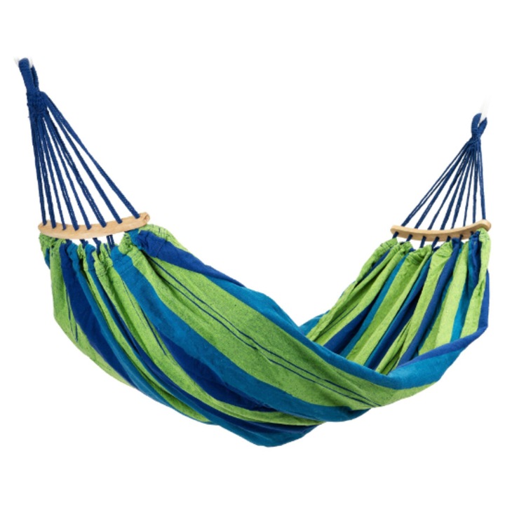 HOZRO Függőágy, Fa Rúddal, Méret 200x80 cm, Zöld/Kék – Kényelmes és Tartós, Maximális Súly 120 kg