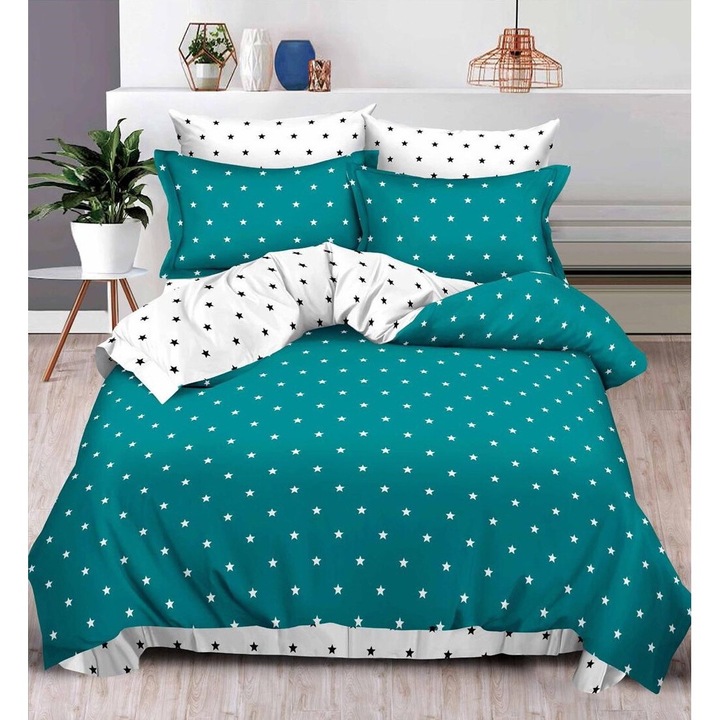 Set Lenjerie Eleganta CHIRASO, pentru 2 persoane, din bumbac finet, 6 piese, Cearceaf de pat cu elastic 180x200 cm, Cearceaf pilota 200x230 cm, 2 fete perna 70x70 cm, 2 fete perna 55x75 cm, cu imprimeu stelute, verde-alb