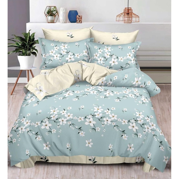 Set Lenjerie Eleganta CHIRASO, pentru 2 persoane, din bumbac finet, 6 piese, Cearceaf de pat cu elastic 180x200 cm, Cearceaf pilota 200x230 cm, 2 fete perna 70x70 cm, 2 fete perna 55x75 cm, cu imprimeu floricele, albastru pal-crem