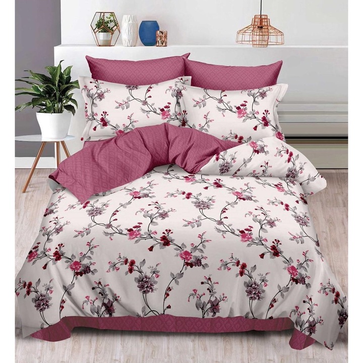 Set Lenjerie Eleganta CHIRASO, pentru pat dublu, din bumbac finet, 6 piese: Cearceaf de pat cu elastic 180 x 200 cm, Cearceaf pilota 200 x 230 cm, 2 fete de perna 70 x 70 cm, 2 fete de perna 55 x 75 cm, cu imprimeu ramuri cu flori, bej-rosu visiniu