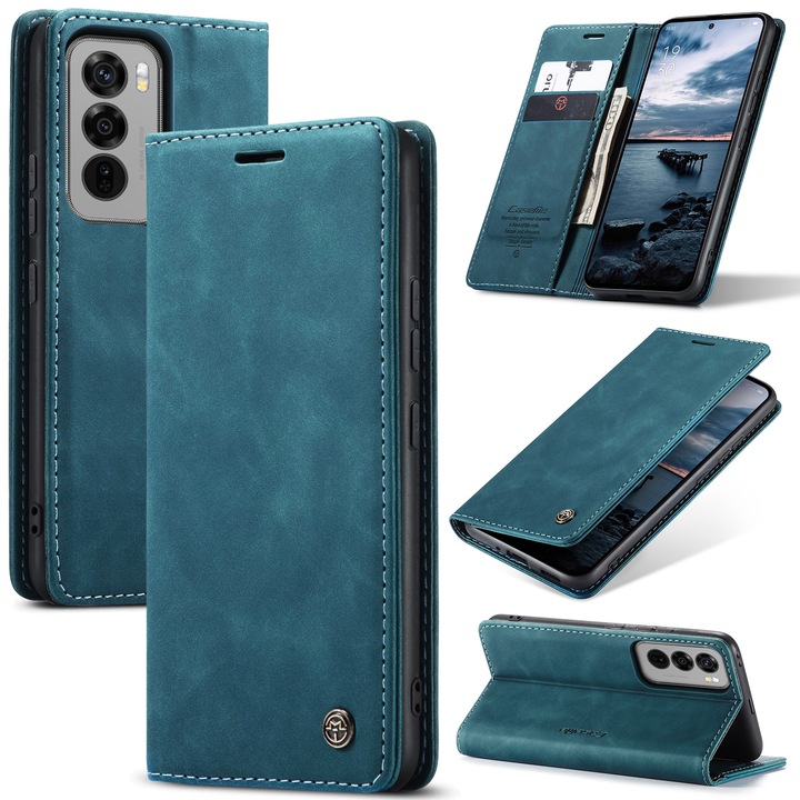 Oppo Reno12 Pro készülékkel kompatibilis CaseMe tok, vékony bőr, pénztárca típus, álló, mágneses záródás, bársonyos textúra, Zöldes kék