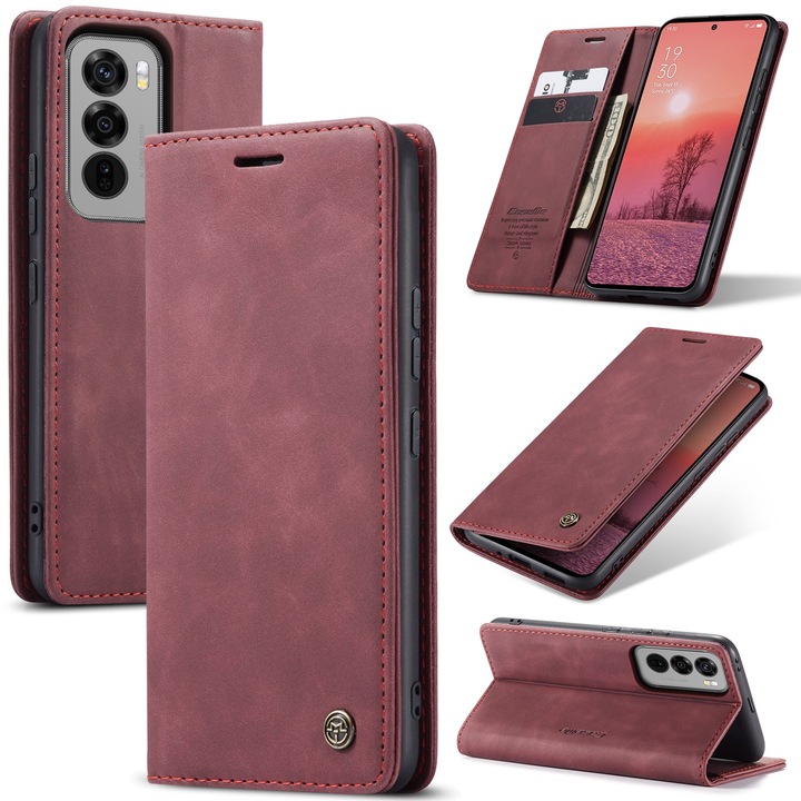 Oppo Reno12 Pro készülékkel kompatibilis CaseMe tok, vékony bőr, pénztárca típus, álló, mágneses záródás, bársonyos textúra, Bordó