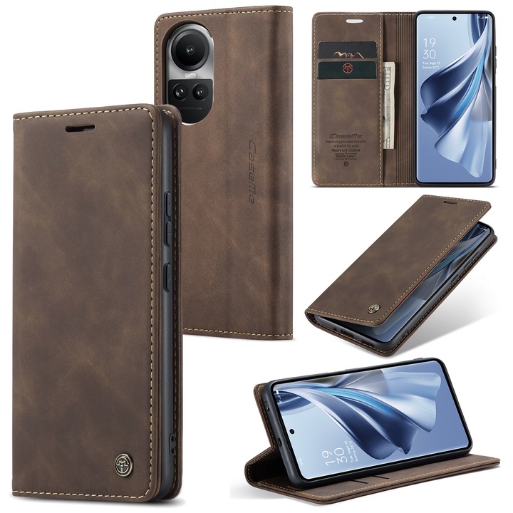 Oppo Reno10 Pro, Reno10 készülékkel kompatibilis CaseMe tok, vékony bőr, pénztárca típus, álló, mágneses záródás, bársonyos textúra, Kávébarna