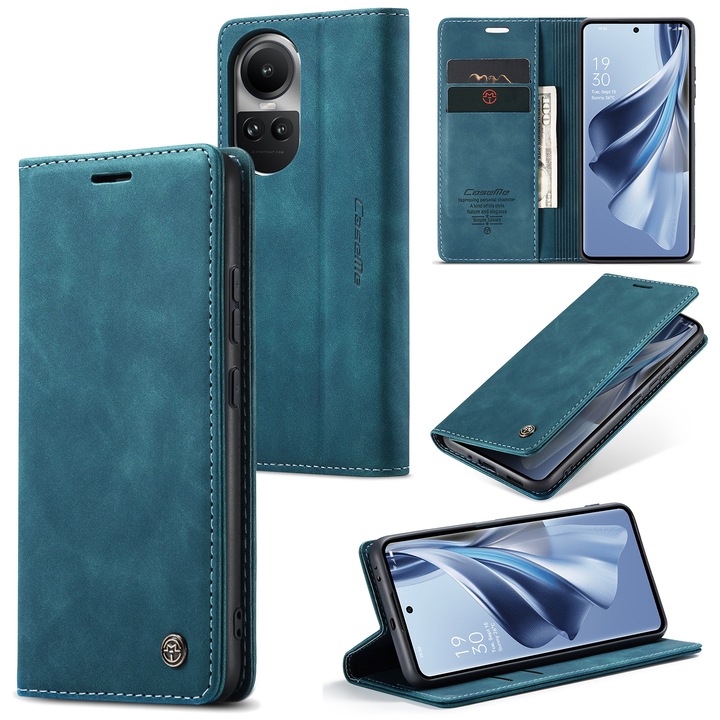 Oppo Reno10 Pro, Reno10 készülékkel kompatibilis CaseMe tok, vékony bőr, pénztárca típus, álló, mágneses záródás, bársonyos textúra, Zöldes kék