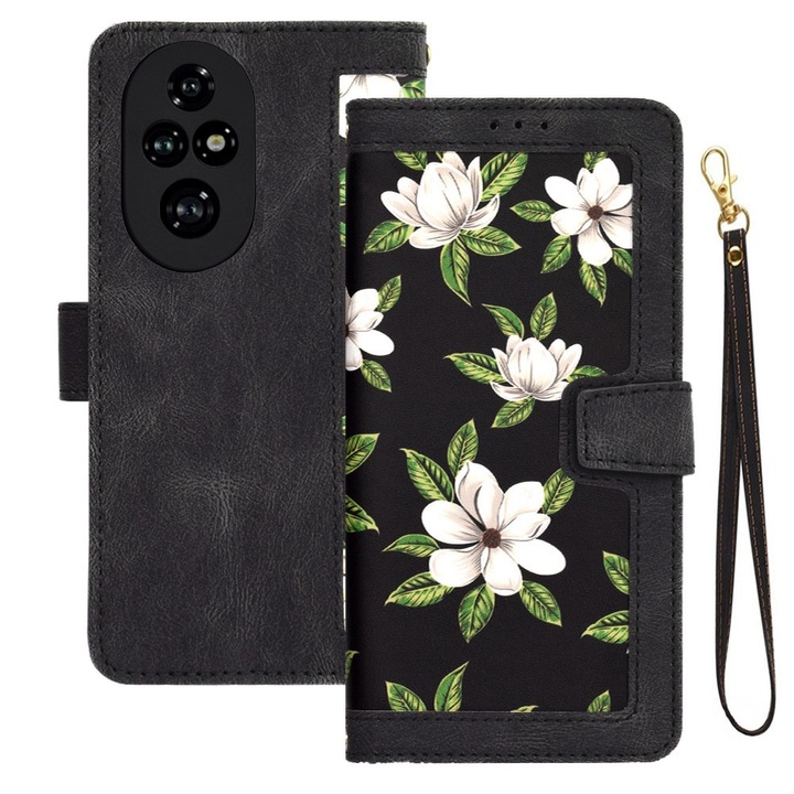 Husa tip carte pentru Honor 200 5G, Mystic Flowers, Piele ecologica, Buzunare carduri, Inchidere cu capsa, Functie stand/suport, Decupaj difuzor apeluri, Acoperire 360, Protectie completa fata-spate, Snur incorporat/detasabil, Negru