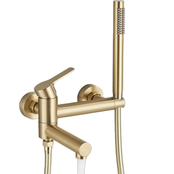 Baterie sanitara pentru cada, design montat pe perete, finisaj auriu, cu furtun dus ABS, PVC