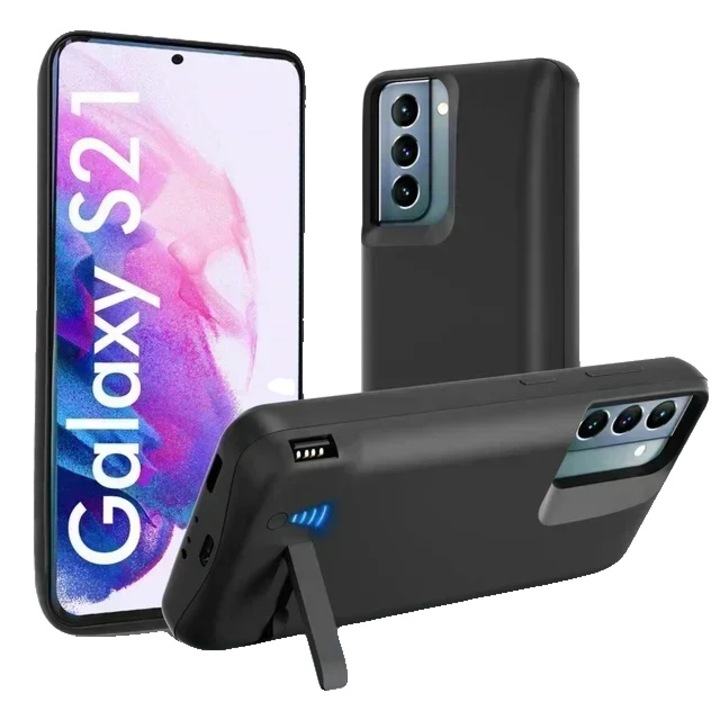Husa pentru telefon Samsung Galaxy S21, capacitate 20000mAh, design cu suport pliabil, protectie completa, neagra