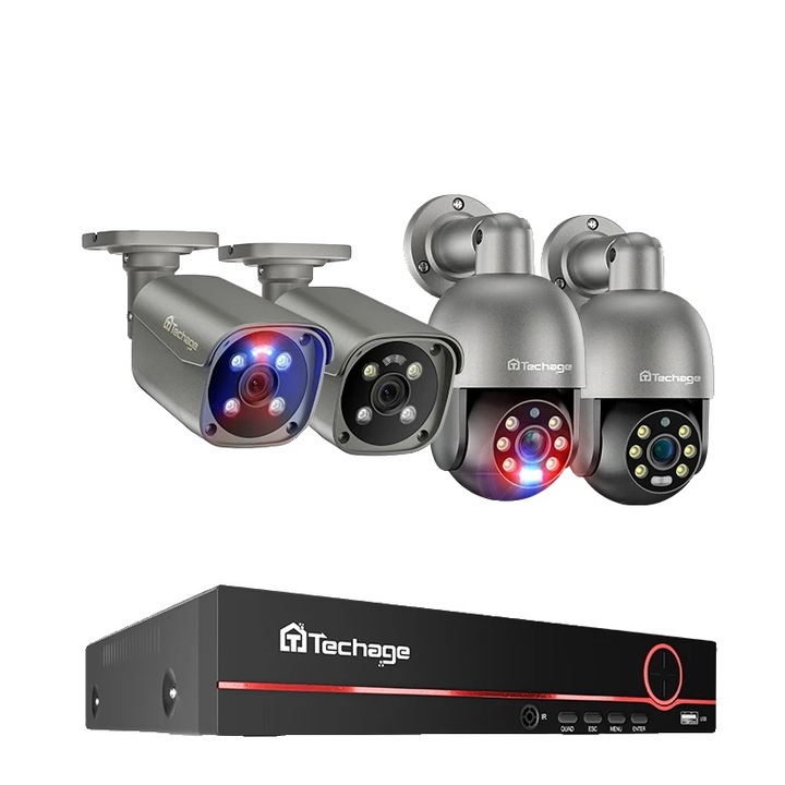 PTZ POE система за видеонаблюдение, 4 камери, AI откриване на човек, двупосочна комуникация, 4K, 8 канала
