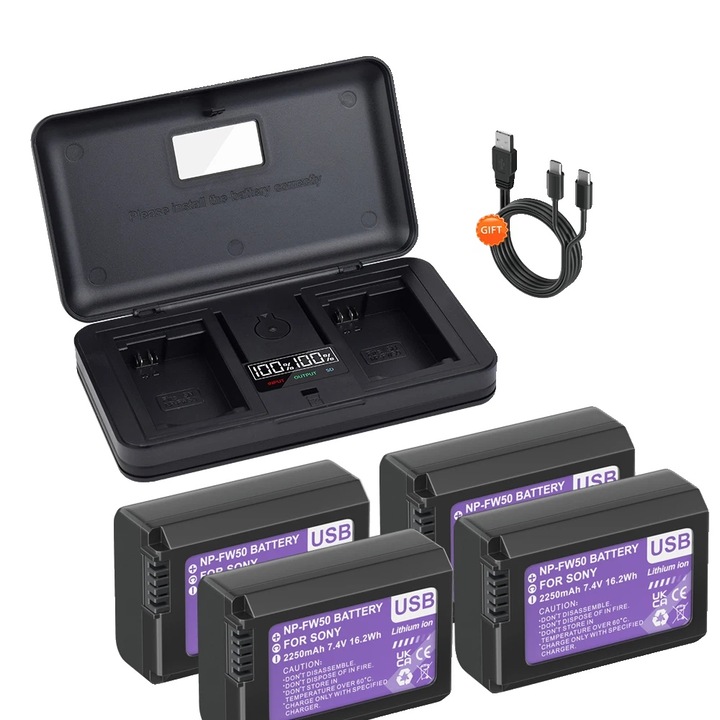 USB töltő NP-FW50 akkumulátorokhoz, 4 akkumulátoros készlet, 2250mAh, dupla töltőportok, méretek 137x78x29mm