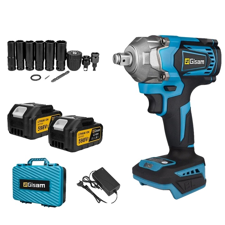 Cheie de impact electrica Gisam, 1200N.M, motor fara perii, 2 acumulatori, 18V
