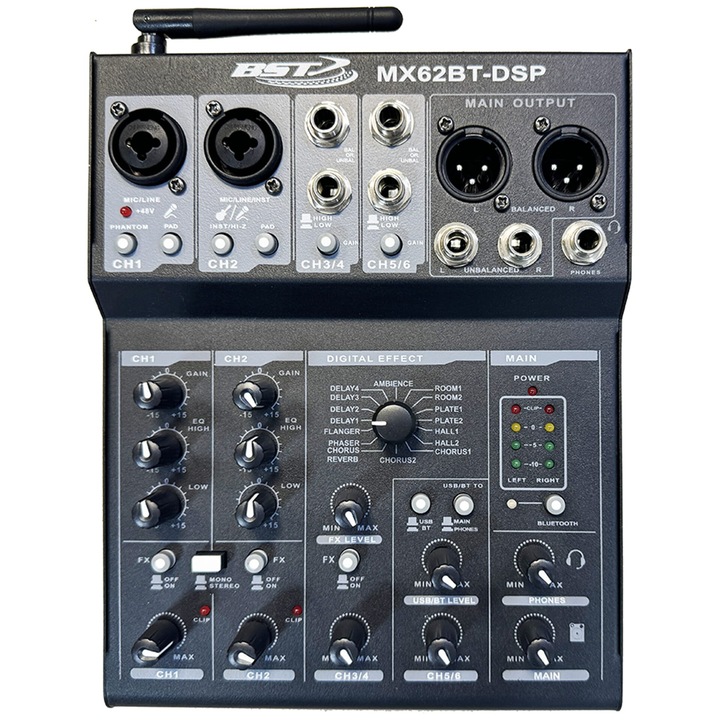 Mikser audio 6 canale, 2x mic, Bluetooth, 16 efecte DSP, BST