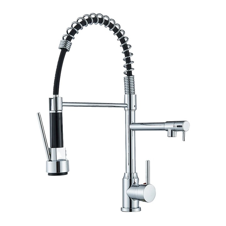 Konyhai csaptelep, flexibilis lehúzható zuhanyfejjel, 360°-ban forgatható, krómozott