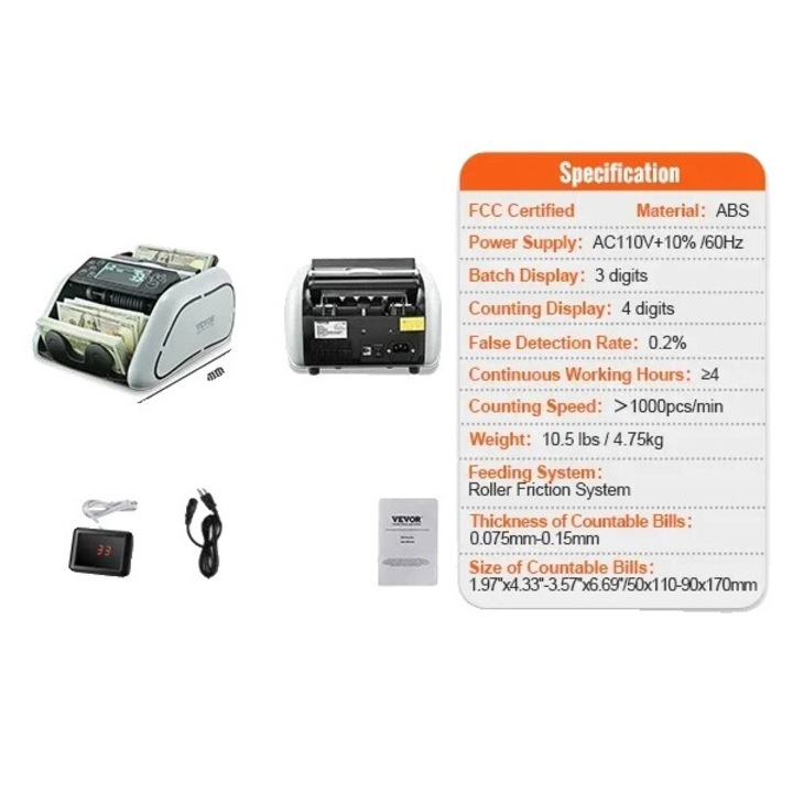 Masina de numarat bani, 1000 bancnote/min, display LCD dual, gri, 9.6x11in