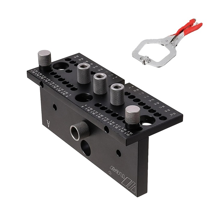 Set 3 in 1 pentru gaurit, jig de lemn, grosime ajustabila 15-30.5mm, cu burghie, negru