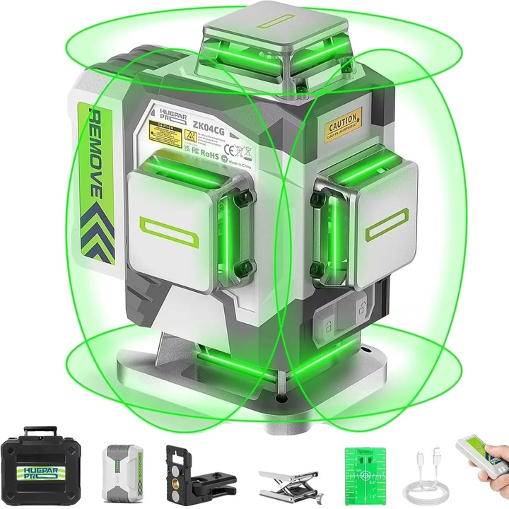 Nivel laser, precizie inalta +/-2mm, acumulator 8000mAh, verde, 24x26.8x11.5cm