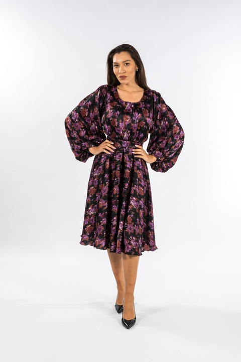 Лилава копринена рокля Simina с флорален принт - XXL(44)