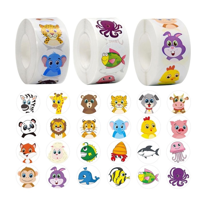 Set 3 Rola 500 Autocolante cu Animale, SINBINTA, Set 1500 de Autocolante, Autoadeziva, Reutilizabil, Model super clar, Usor de folosit si desprins, Pentru DIY, valiza, frigider, materiale didactice, 55x27mm, Multicolor