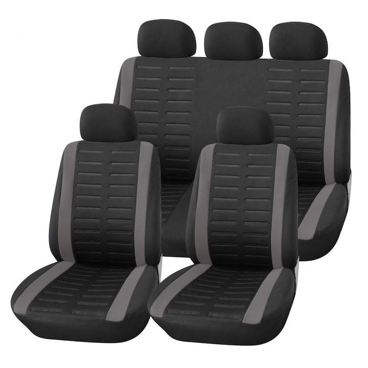 Комплект калъфи за седалки за кола Amio, тапицерия за предни и задни седалки, Пълен комплект 9 части, Черен + Сив ТАР470