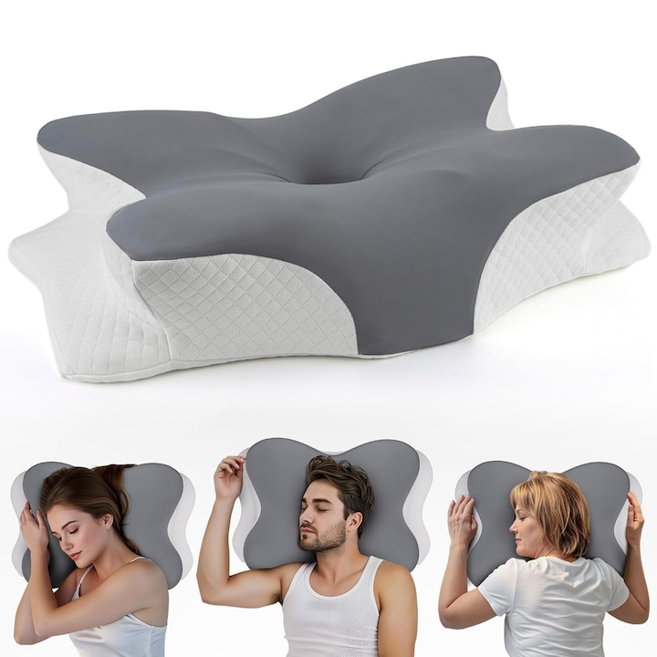 Perna ortopedica pentru dormit, Morovan, perna cervicala, forma de fluture, Perna ortopedica pentru dormit, Spuma cu Memorie ergonomica pentru Gat si Suport Cervical, Husa lavabila, Ideala pentru dormitul lateral, spate sau stomac, 61x34x13cm