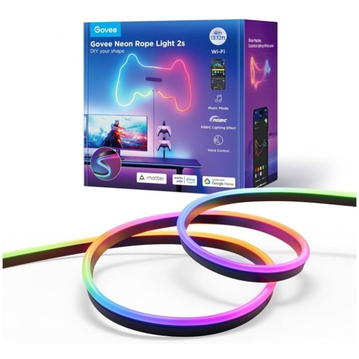Смарт LED RGBIC лента Govee Neon Rope 2 H61D4-B, Matter, Wi-Fi, Bluetooth, 48W, Music Sync, Гласово управление, 4 м, Черен