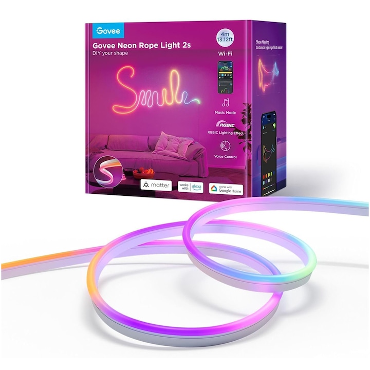 Смарт LED RGBIC лента Govee Neon Rope 2 H61D4-W, Matter, Wi-Fi, Bluetooth, 48W, Music Sync, Гласово управление, 4 м, Бял