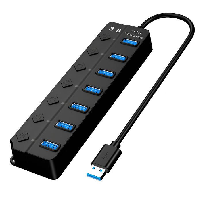 Hub USB 3.0, 7 in 1, comutator independent, HUB USB 7 porturi, Lumini indicatoare，interfata de alimentare DC 5V standby, cablu 30cm, negru