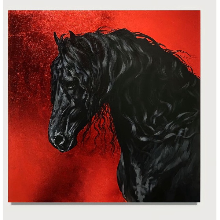 Cal negru Echitateie IV, Tablou abstract, pictat manual ulei pe panza, rama decorativa, fundal Rosu electric metalizat