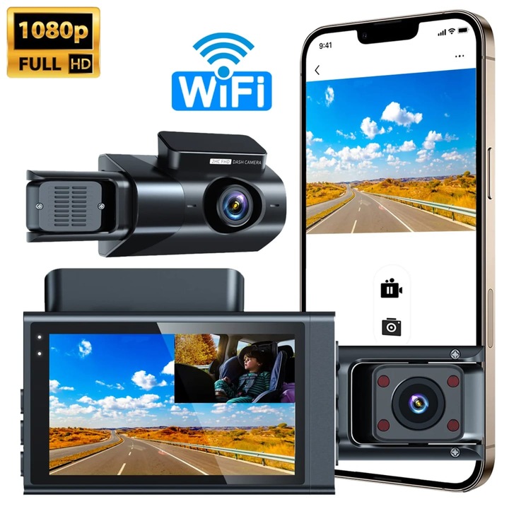 Видеорегистратор, троен, HD 1080P, 3 камери, Wi-Fi, 170°, компактна