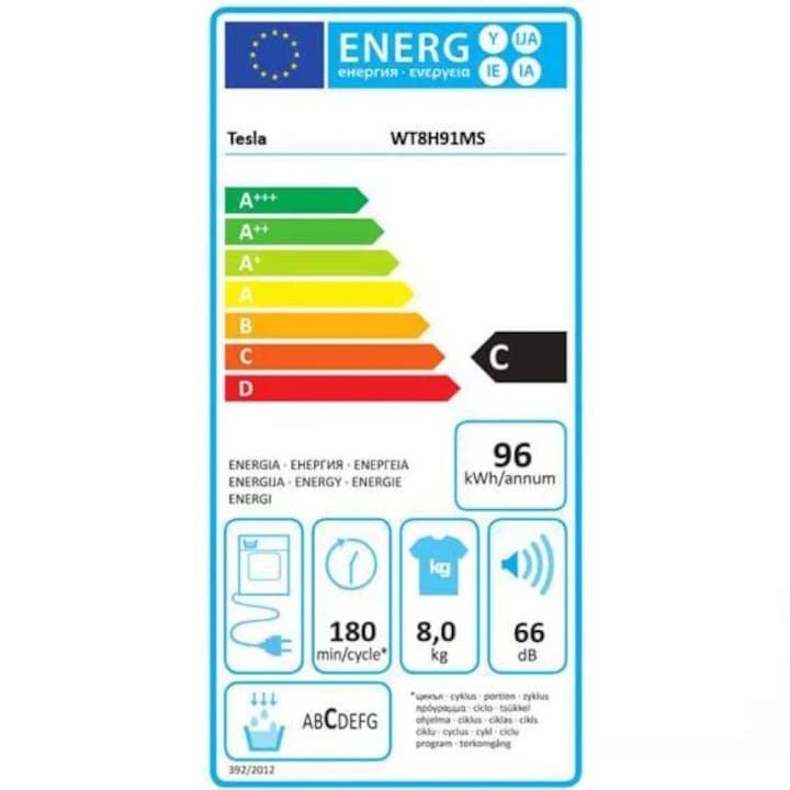 Uscator de rufe Tesla WT8H91MS, 8kg, Clasa A++Pompa caldura, Inverter, Antisifonare, Argintiu