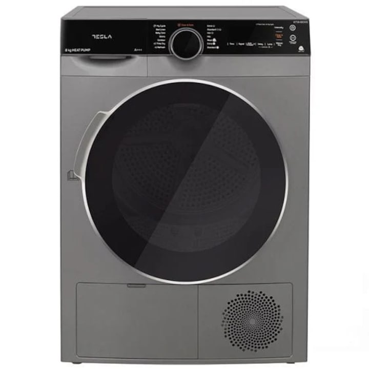 Uscator de rufe Tesla WT8H91MS, 8kg, Clasa A++Pompa caldura, Inverter, Antisifonare, Argintiu