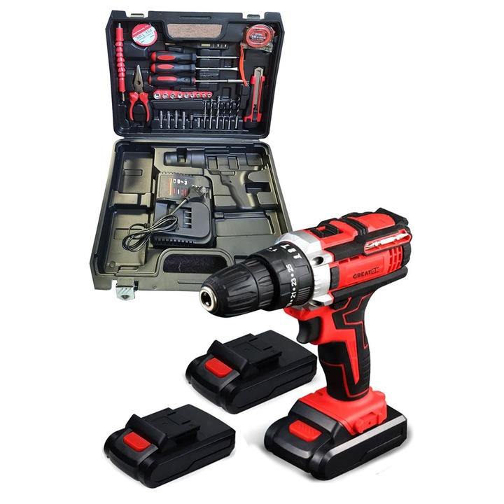 Masina De Gaurit Si Insurubat Cu Percutie Fara Fir GREATON, Geanta Transport Si 34 De Accesorii, Prelungitor Flexibil, Bormasina Cu 18 Trepte Turatie, 2 Acumulatori 36V Reincarcabili, Autofiletanta, Putere 2.0 Ah, Rosu/Negru