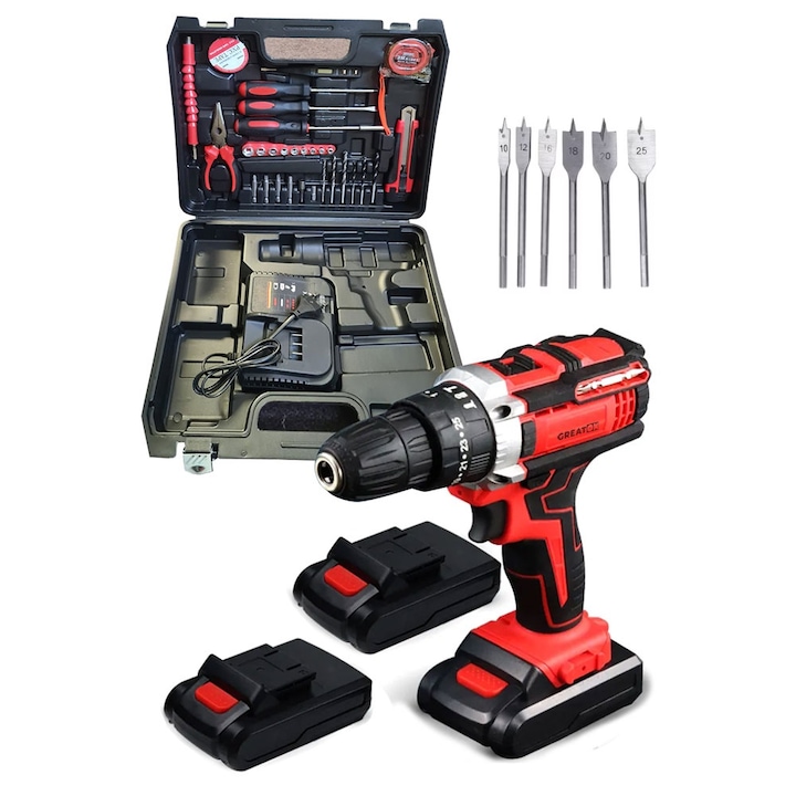 Masina De Gaurit Si Insurubat Cu Percutie Fara Fir GREATON, Geanta Transport Si 40 De Accesorii, Prelungitor Flexibil, Burghie Lemn, Bormasina Cu 18 Trepte Turatie, 2 Acumulatori 36V Reincarcabili, Autofiletanta, Putere 2.0 Ah, Rosu/Negru