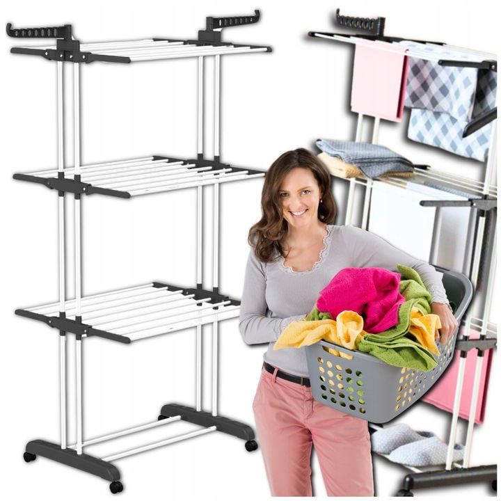 Uscator De Rufe, OMNA, Pliabil, 3 Niveluri, Roti Pivotante Cu Frane, Inaltime 186 cm, Latime (78 cm Sau 125 cm Cu Brate Pentru Umerase), Adancime 49 cm