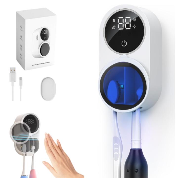 Hordozható UV-sterilizátor 2 fogkeféhez, 99,99%-os fertőtlenítési hatékonyság, intelligens fogkefetartó szárító funkcióval, automatikus nyitás és zárás érzékelő, 1800 mAh, HD kijelző, USB-C töltés, gyors összeszerelés lyukak nélkül, MBA SHOP, fehér