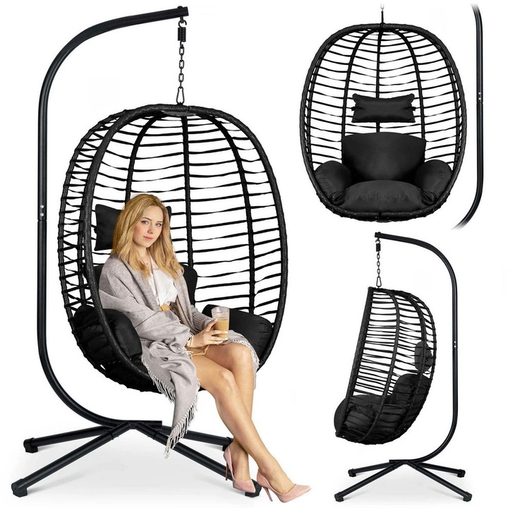Висящ градински стол DacEnergy©, стоманена рамка, ръчно изтъкана кошница от модерен техноратан, изключително удобни, меки възглавници, 201 см, черен