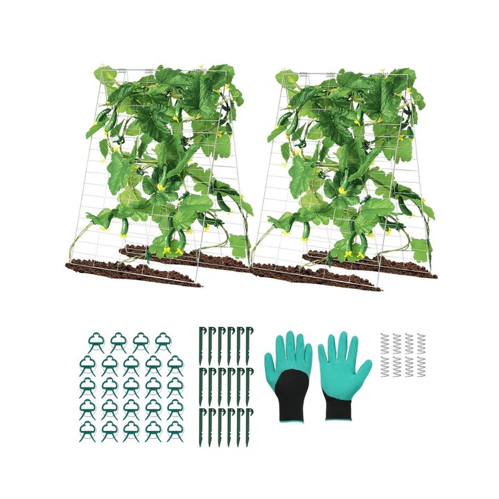 Комплект от 2 перголи за краставици, висящи растения, 90 x 140 см, сгъваеми, 24 x фиксиращи щипки
