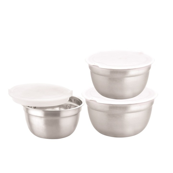 Set 3 boluri din inox cu capace din plastic, Grunberg, IGR2436