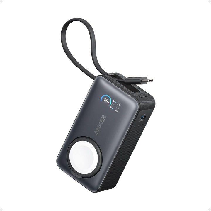 Anker MagGo Apple Watch външна батерия, 10000 mAh, Ultra-Slim, Qi2 35W, вграден USB-C кабел, черен