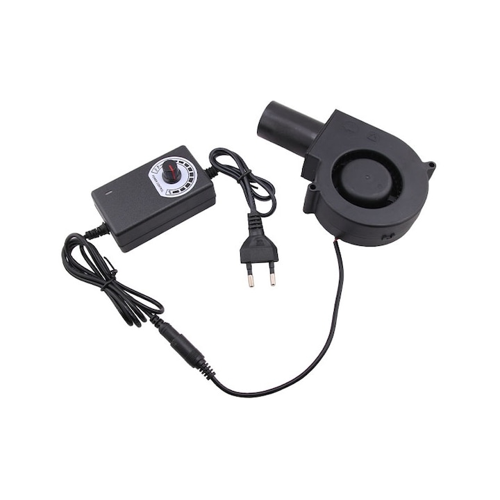 Ventilator portabil pentru gratar, 97x97x33mm, cu controler de viteza si duza, pentru gratar in aer liber, gatit in camping, soba cu lemne, carbune, negru