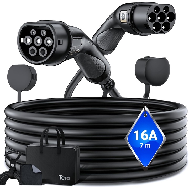 Cablu de incarcare rapida Masina electrica Tera EV Tip 2, 3, 6KW 16A 7 metri Monofazat Tip 2 la Tip 2, IP55