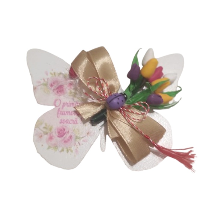 Martisor model inima, lucrat manual cu lalele model 2, cu mesajul: O primavara frumoasa soacra!, 10cm