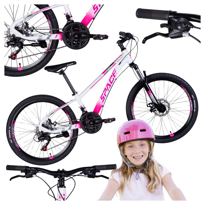 Bicicleta copii Mercury Aluminiu, 24", 120-150 cm, 21 viteze, Alb/Roz