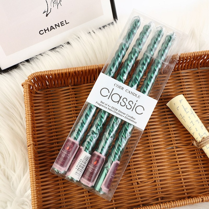 4 darab csavart asztali gyertya szett, vacsorához, dekorációhoz, 25 cm hosszúságú, zöld