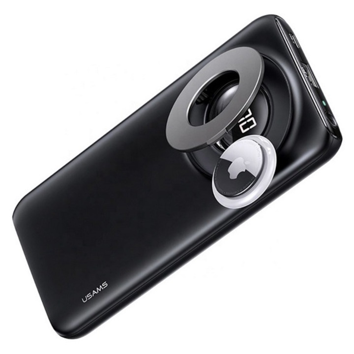 Usams pb62 vésztöltő usb+type-c aljzat, 10000mah, 20w, pd gyorstöltő, wireless, kitámasztó, apple airtag tartó, fekete