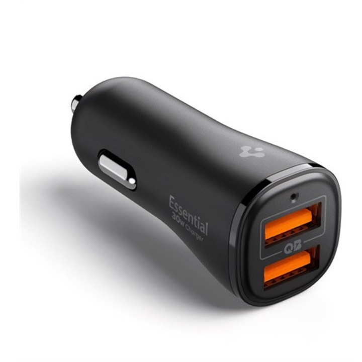 Spigen essential autós töltő 2 usb aljzat, 30w, pd gyorstöltő 3.0, fekete