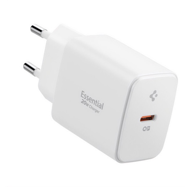 Spigen essential hálózati töltő type-c aljzat, 20w, gan, pd gyorstöltő 3.0, fehér