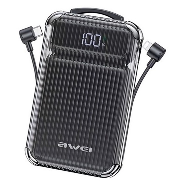 Awei p89k vésztöltő usb+type-c aljzat, 10000mah, 38.5w, pd gyorstöltő + fix type-c+lightning kábel, fekete