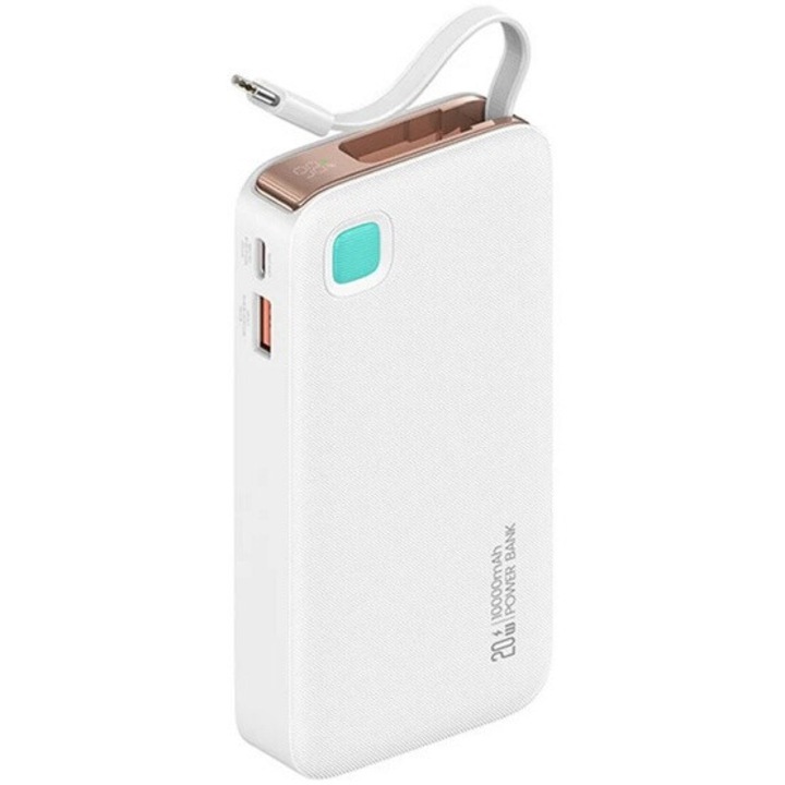 Awei xy vésztöltő usb+type-c aljzat, 10000mah, 20w, pd gyorstöltő, led kijelző + fix type-c kábel, fehér