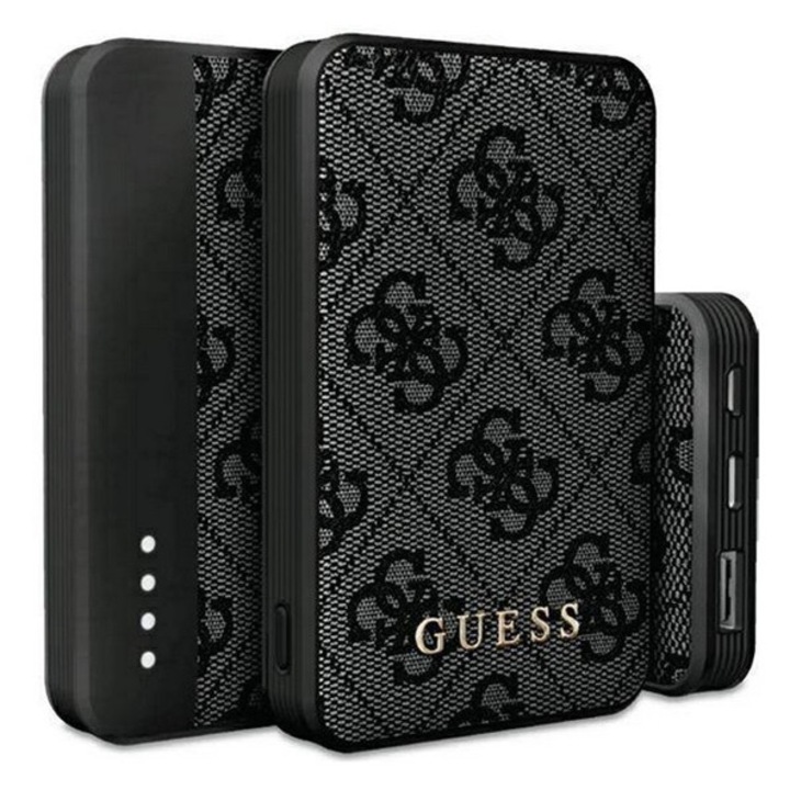 Guess 4g leather metal logo vésztöltő usb+type-c aljzat, 5000mah, 15w, gyorstöltő, fekete